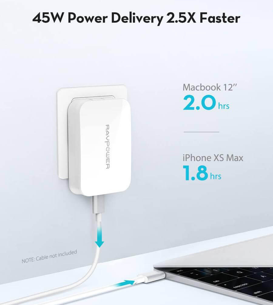 Adapter Sạc 1 Cổng Type C 45W RavPower Rp-Pc104 Hỗ Trợ Sạc Nhanh PD PowerDelivery Và Quick Charge 3.0 4