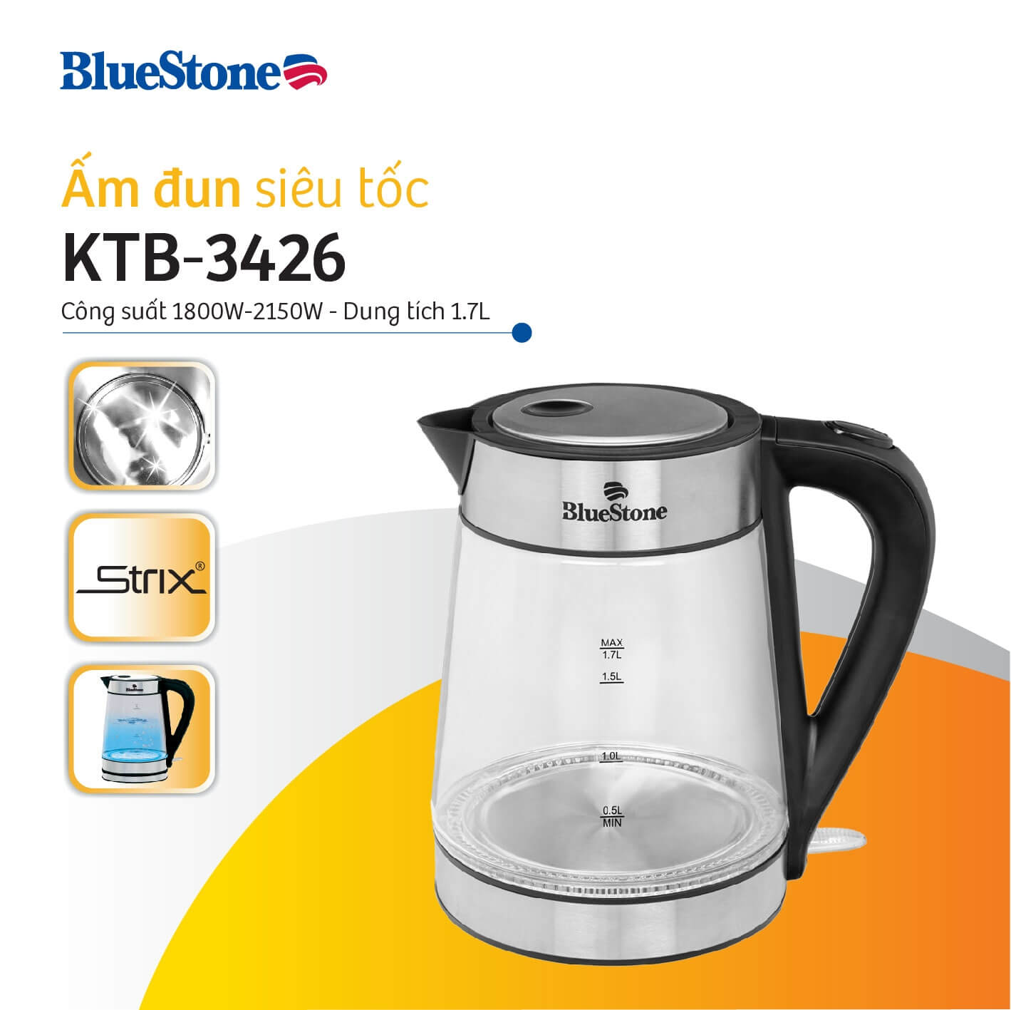 Ấm Đun Nước Thủy Tinh Bluestone KTB-3426 (1.7 Lít) 1