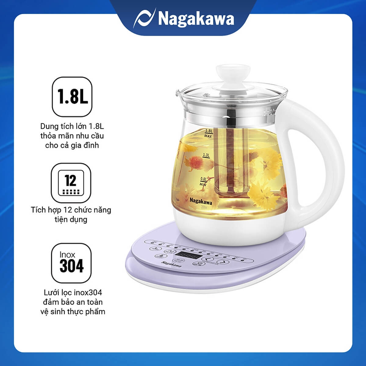 Ấm siêu tốc thủy tinh đa năng Nagakawa NAG0316 3