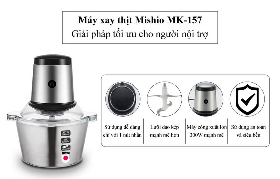 Máy Xay Thịt Đa Năng Cối Inox Mishio MK157 1.8L 2