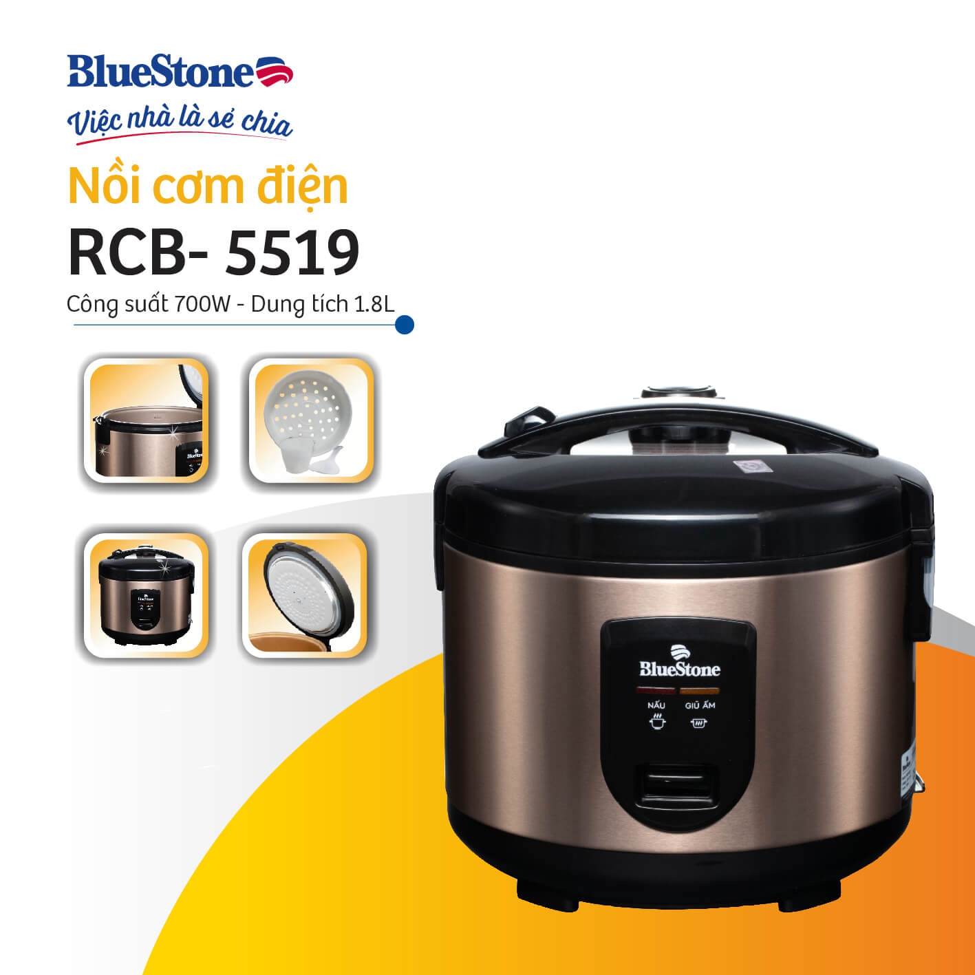 Nồi Cơm Điện Nắp Gài BlueStone RCB-5519 (1,8L -700W) 1
