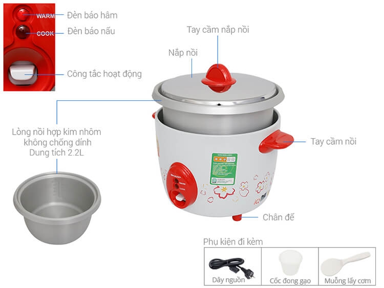 Nồi Cơm Điện Nắp Rời Sharp KSH-D22V 2