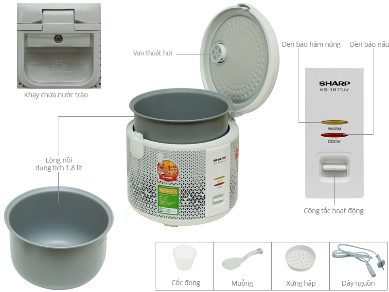Nồi Cơm Điện Nắp Gài Sharp KS-181TJV - 1.8 L - Màu Ngẫu Nhiên