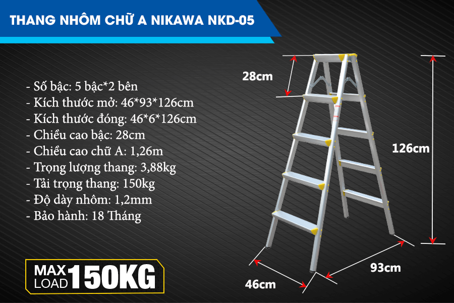 Thang Nhôm Gấp Chữ A Nikawa NKD-05 - 5 Bậc - 1.26 Mét 8