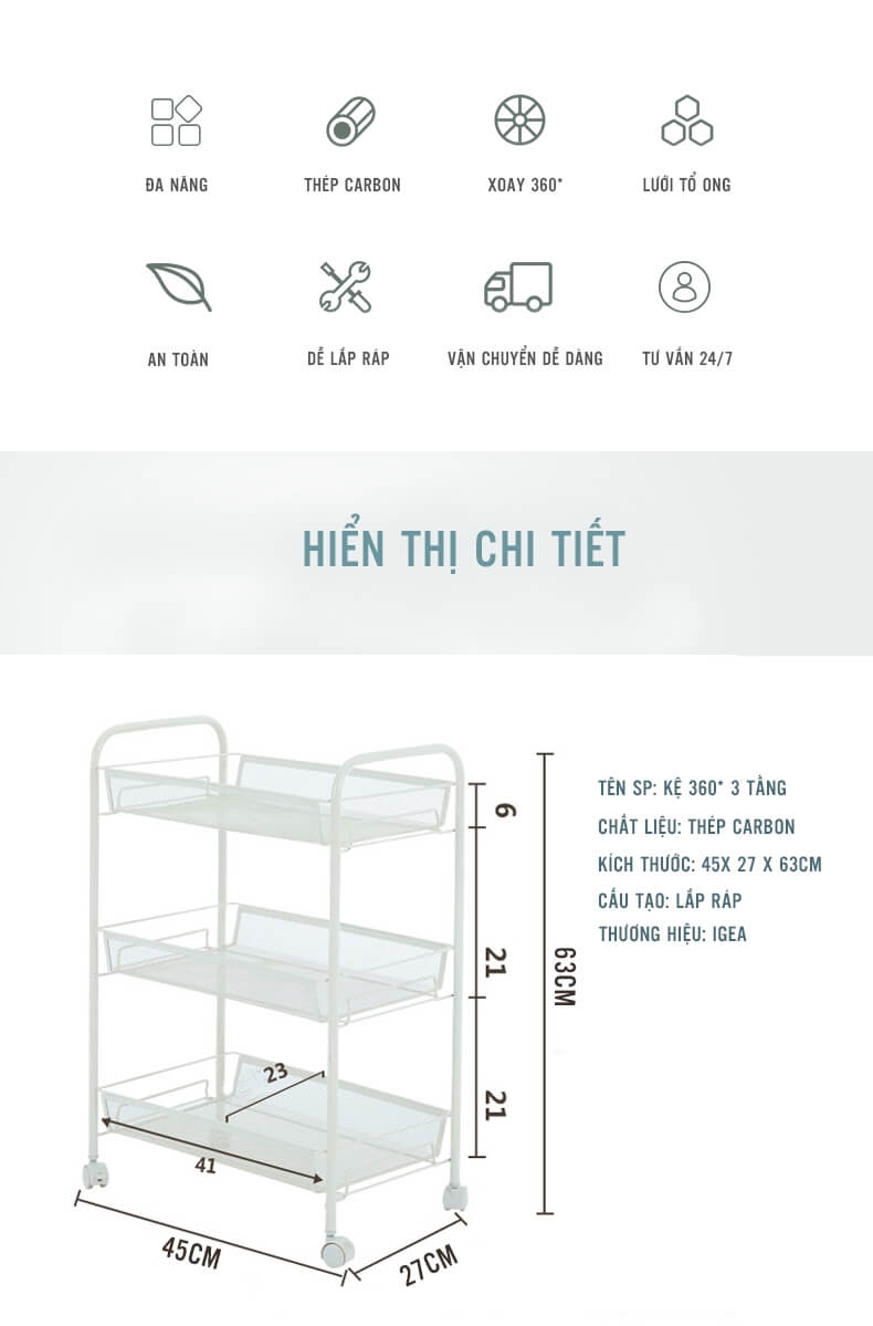 Kệ Đa Năng 3 Tầng Di Động Bánh Xe 360 Tiện Dụng Phong Cách Hiện Đại 2