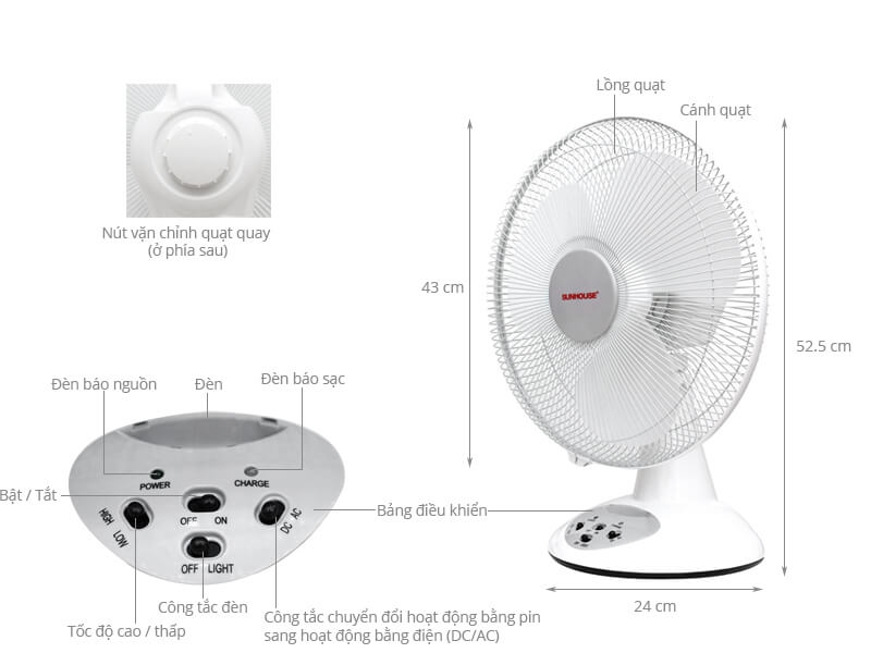 Quạt Bàn Sạc Tích Điện Sunhouse SH722