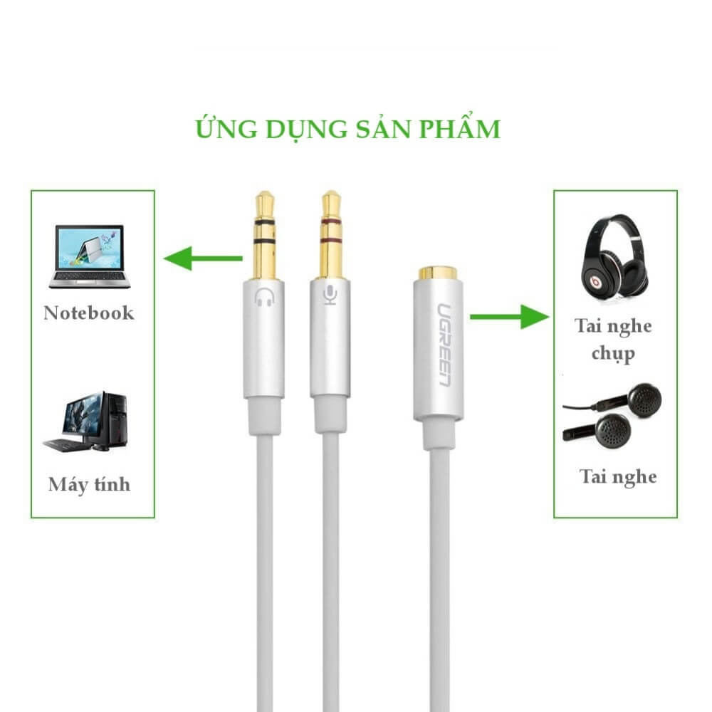 Dây Audio Chuyển Tai Nghe 3.5mm Sang 2 Đầu Mic Và Tai Nghe Đầu Mạ Vàng Dài 20CM UGREEN AV140 10790