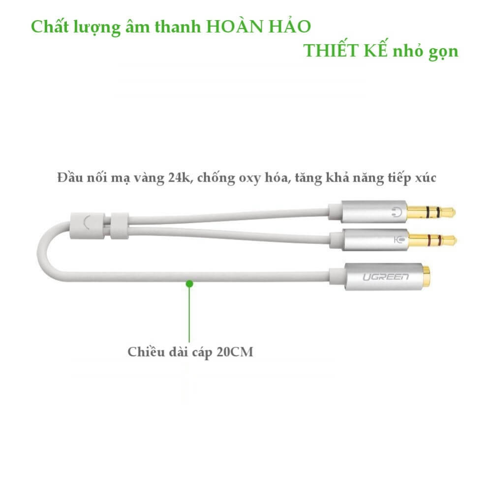Dây Audio Chuyển Tai Nghe 3.5mm Sang 2 Đầu Mic Và Tai Nghe Đầu Mạ Vàng Dài 20CM UGREEN AV140 10790