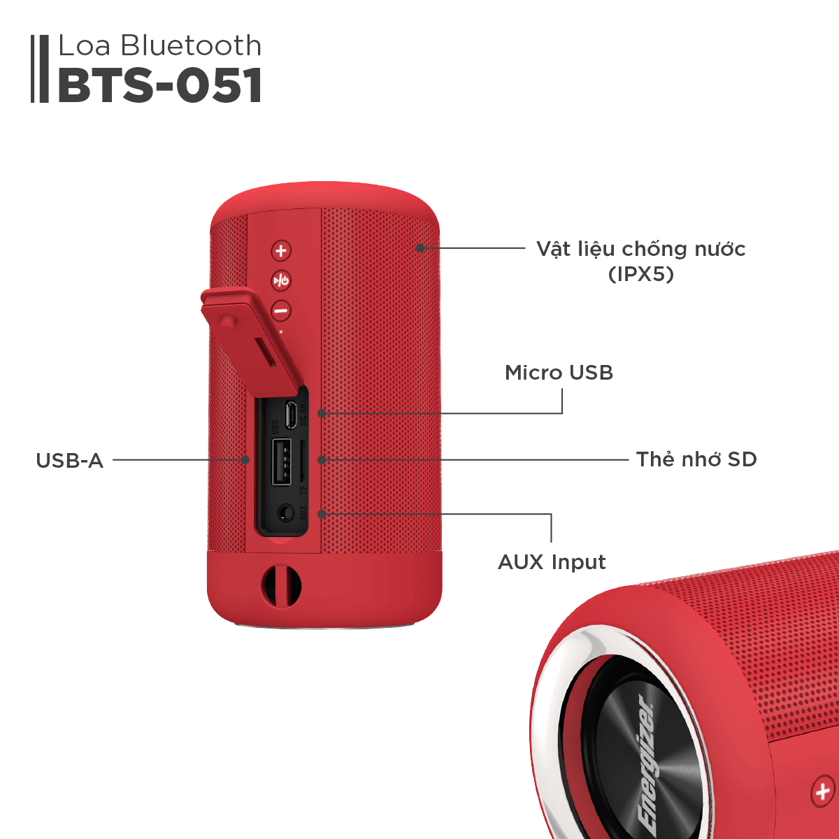 Loa Bluetooth Kèm Pin Sạc Dự Phòng Energizer BTS-051, Dung Lượng 2,000mAh, Chống Nước Theo Tiêu Chuẩn IPX5, Hỗ Trợ Thẻ Micro SD, AUX 2