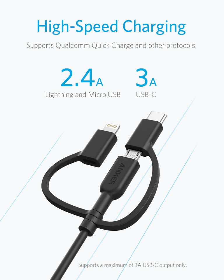 Dây Cáp Sạc 3 Trong 1 MicroUSB / USB Type-C / Lightning Chuẩn MFI Anker Powerline II 0.9m - A8436