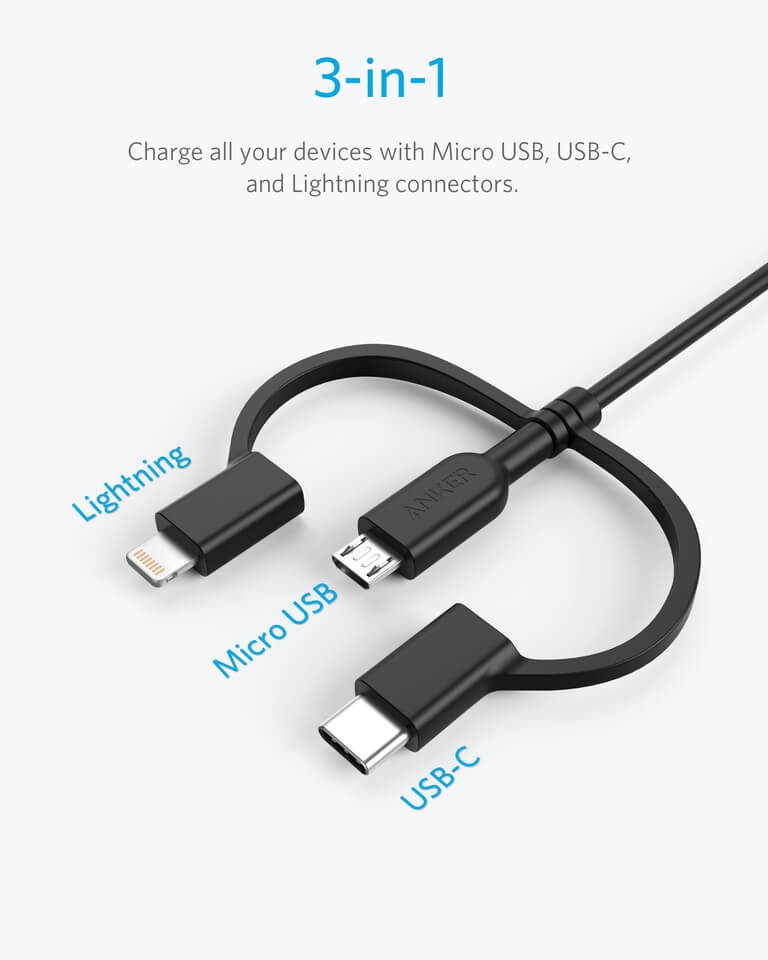 Dây Cáp Sạc 3 Trong 1 MicroUSB / USB Type-C / Lightning Chuẩn MFI Anker Powerline II 0.9m - A8436 3