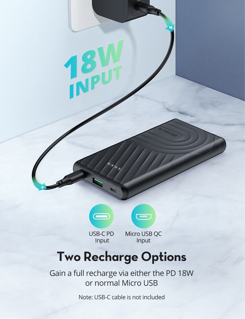 Pin Sạc Dự Phòng RAVPower 10000mAh In/Out Type-C PD 18W, Quick Charge 3.0 - RP-PB195 2