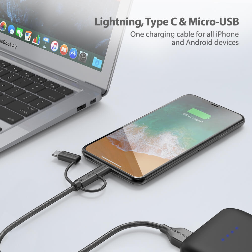 Dây Cáp Sạc 3 Trong 1 RAVPower (Lightning MFi Cho iPhone, Type C, Micro USB) 0.9m RP-CB021
