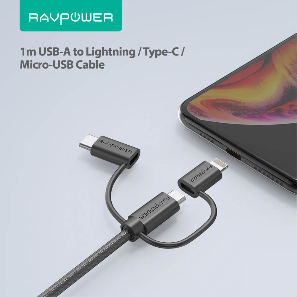 Dây Cáp Sạc 3 Trong 1 RAVPower (Lightning MFi Cho iPhone, Type C, Micro USB) 0.9m RP-CB021 3