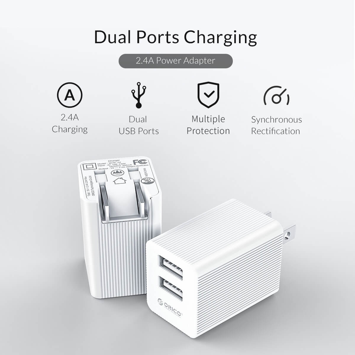 Adapter Sạc 2 Cổng 12W Orico WHB-2U Chân Gập 1