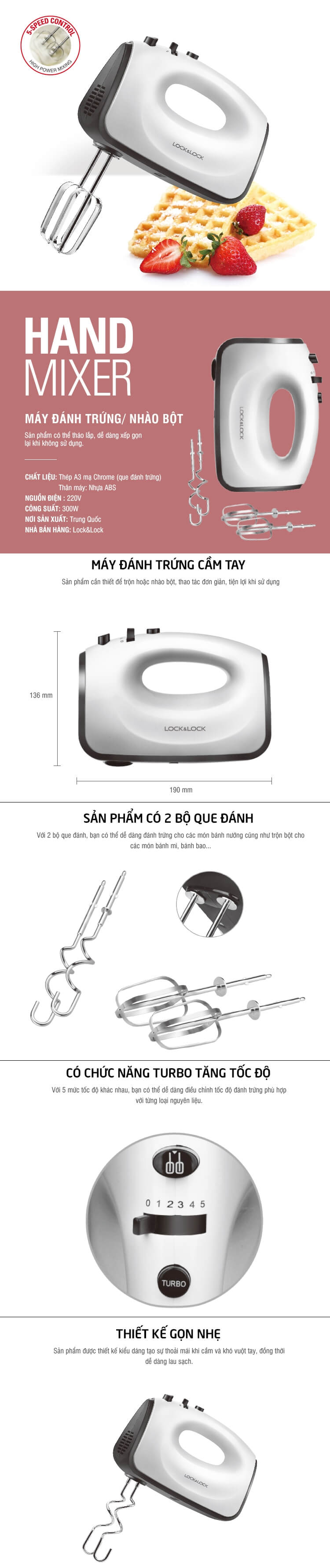 Máy Đánh Trứng Lock&Lock Hand Mixer EJM501BLK (300W)