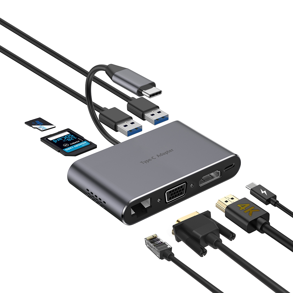 Hub USB Type-C 8 Cổng HDMI 4K/VGA/USB 3.0/SD/TF/LAN RJ45/Type-C ICORE HYD-9842T