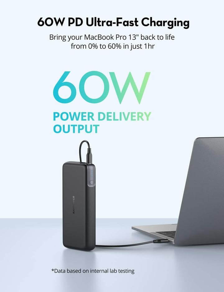 Pin Sạc Dự Phòng RAVPower 20000mAh Quick Charge 3.0 + PD 60W, In/Out Type-C, Sạc Được Macbook - RP-PB201
