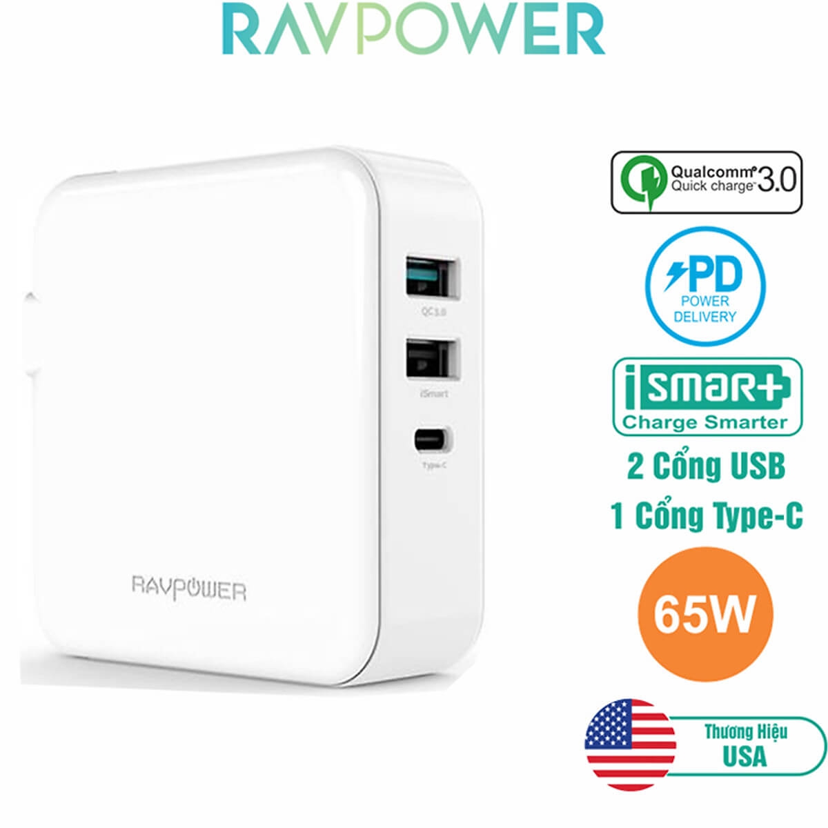 Sạc RavPower RP-PC082, PD65W, USB-C, QC3.0
