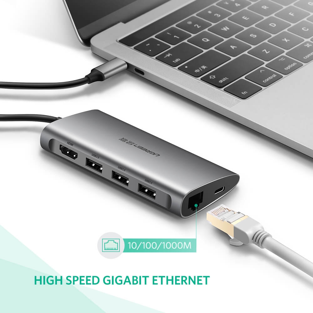 Hub USB Type-C 8 Cổng HDMI/USB 3.0/SD/TF/LAN Gigabit (RJ45) Ugreen 505
