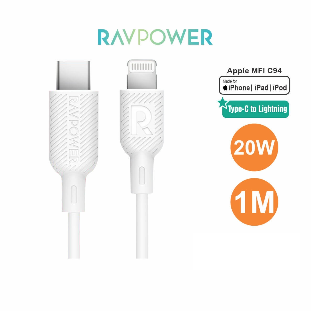 Dây Cáp Sạc USB Type C To Lightning Chuẩn MFI C94, Sạc Nhanh 20W iPhone iPad, Dài 1M RAVPower RP-CB054
