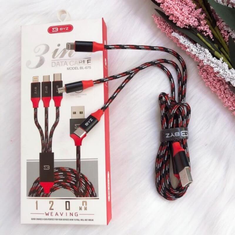 Cable Sạc Dây Dù 3 Đầu BYZ Sử Dụng Bền Bỉ 1