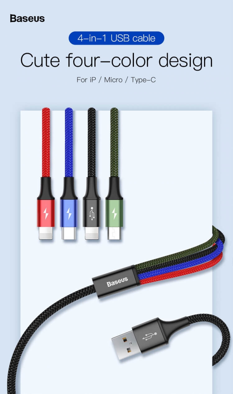 Dây Cáp Sạc Đa Năng Baseus Rapid 4 in 1 Type-C, 2 Lighning, Micro USB, cho iPhone/ iPad, Smartphone & Tablet Android 4