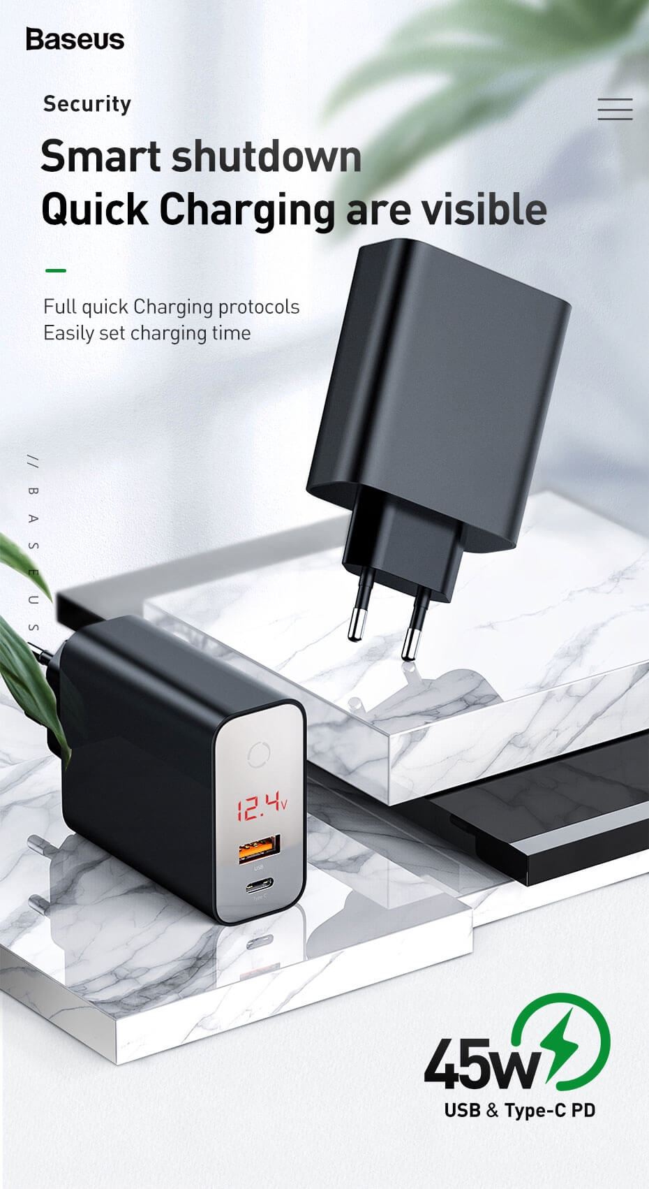Adapter Sạc 2 Cổng 45W Baseus BS-EU907 Hỗ Trợ Sạc Nhanh QC 3.0/QC 4.0/FCP