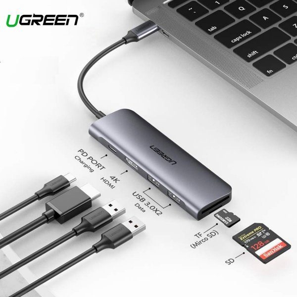 Bộ Chuyển Đổi Type C Sang 2 USB 3.0, HDMI 4K, SD/TF Nguồn Ugreen 70411