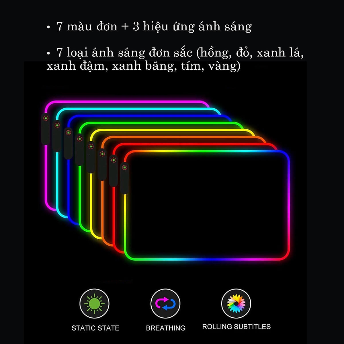 Miếng Lót Chuột LED RGB Bàn Di Chuột Led 7 Màu Đơn Và 3 Hiệu Ứng Ánh Sáng Chống Trượt