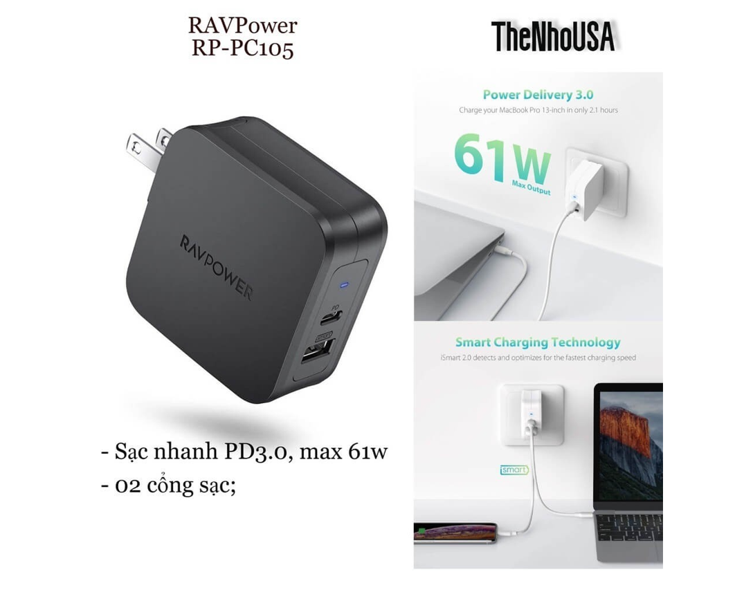 Adapter Sạc 2 Cổng Tích Hợp Type-C In/Out Hỗ Trợ Sạc Nhanh PD Power Delivery 61W RAVPower RP-PC105