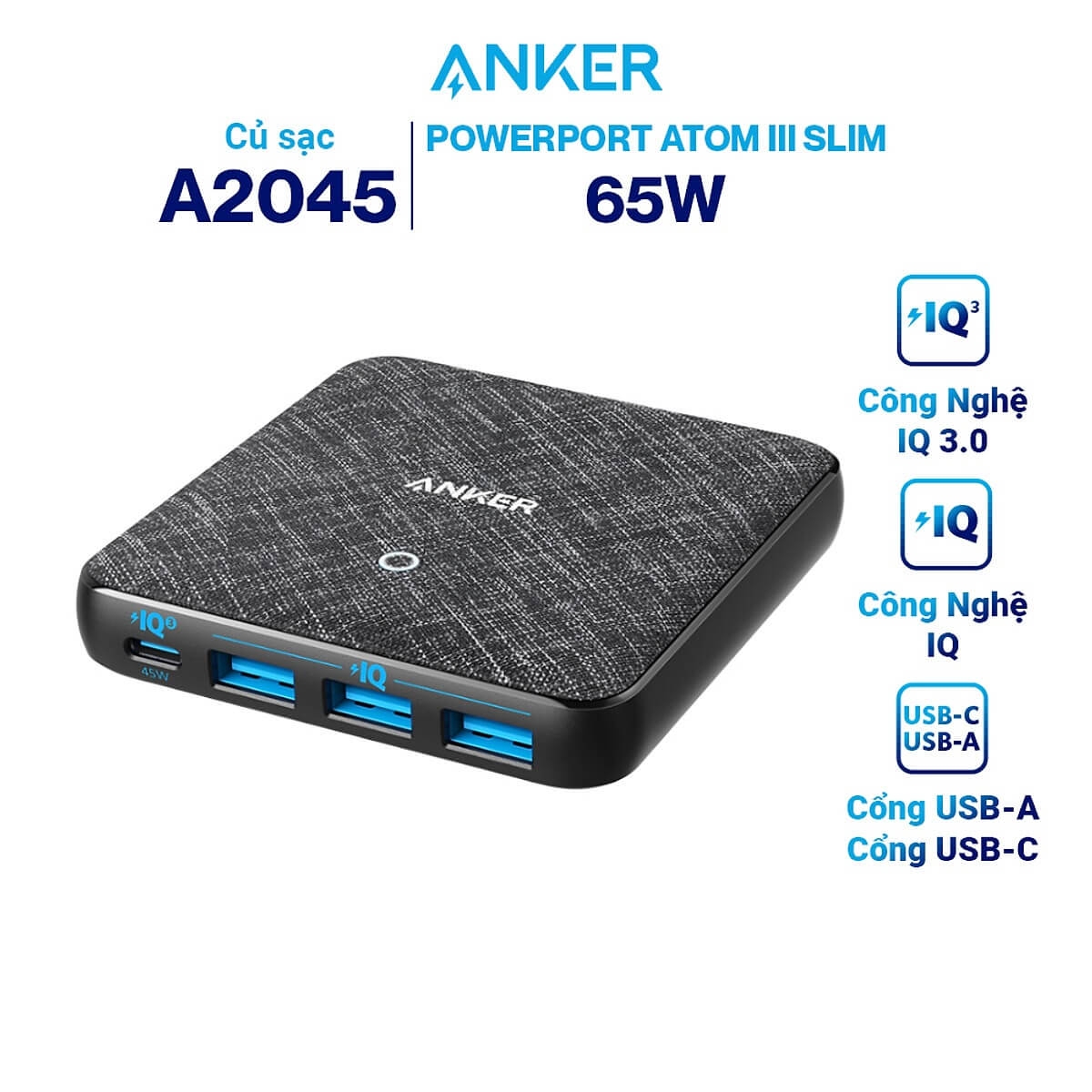 Adapter Sạc 4 Cổng Anker PowerPort Atom III Slim 65W PIQ 3.0 & GaN Tích Hợp USB Type-C Hỗ Trợ Sạc Nhanh - A2045