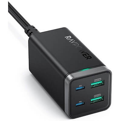 Củ Sạc Điện Thoại 2 Cổng USB-A và 2 Cổng Type-C PD 65W QC 3.0 RAVPower RP-PC136