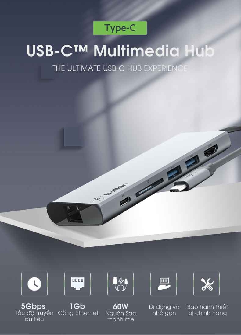 Hub USB Type-C Chia Đa Cổng USB-A/ USB-C/HDMI 4K/LAN/SD Card Belkin F4U092btSGY 1