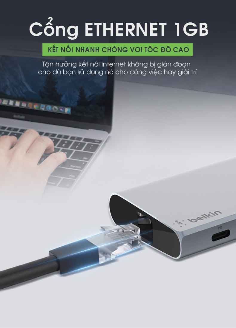 Hub USB Type-C Chia Đa Cổng USB-A/ USB-C/HDMI 4K/LAN/SD Card Belkin F4U092btSGY 4