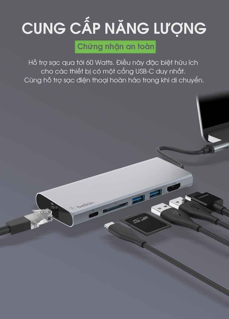 Hub USB Type-C Chia Đa Cổng USB-A/ USB-C/HDMI 4K/LAN/SD Card Belkin F4U092btSGY 5