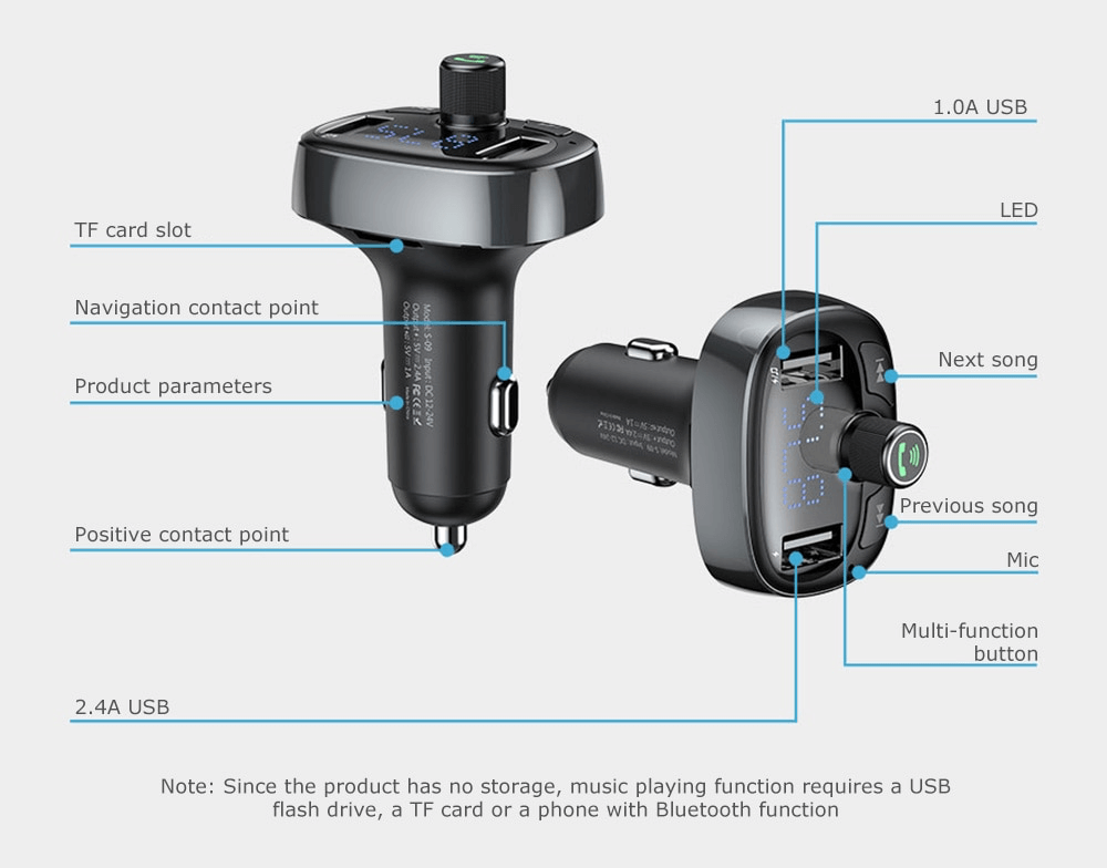 Tẩu Sạc Đa Năng Trên Xe Hơi Baseus S09 T-Typed Wireless MP3 Car Charger 3